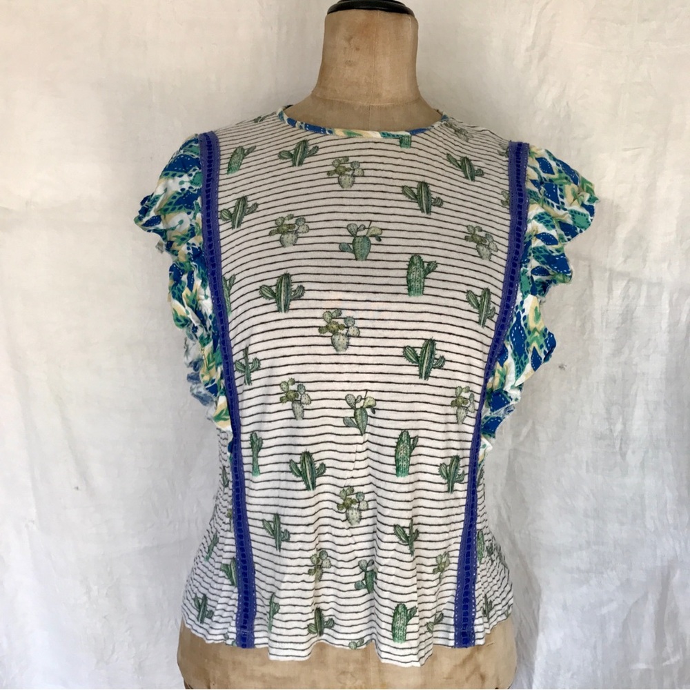 Striped with cactus Ruffle Sleeve Top from Anthropology